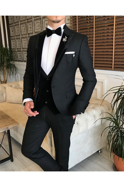 TerziAdemAltun Italian Cut Men's Jacket Vest Pants Groom Suit Set Black T6015