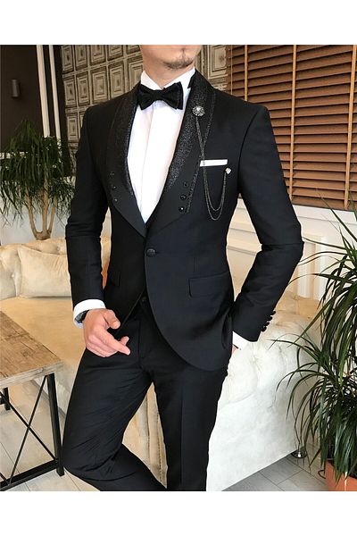 TerziAdemAltun Italian Cut Jacket Vest Pants Groom Suit Set Black T4913