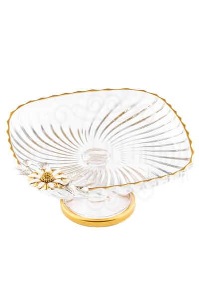 Saray Ottoman handicraft Glass Serving Presentation Plate Standing Serving Plate White Daisy Glass Standing Square Silvery Gold