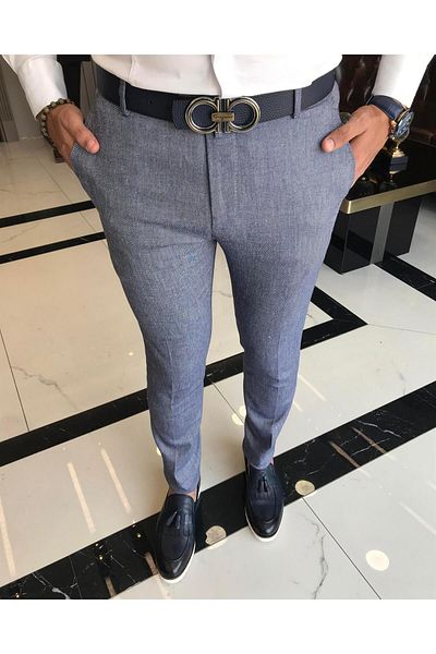 TerziAdemAltun Italian style slim fit men's fabric pants Navy blue T9785