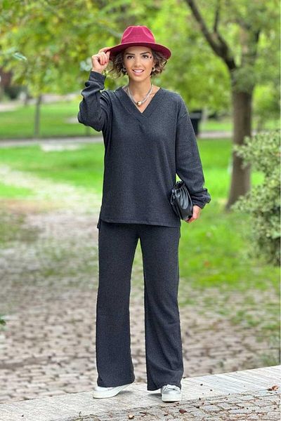 Nevin Kaya Moda Anthracite Color Soft Cotton Trousers Blouse Set