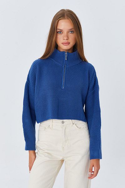 Mixray 6752 Model Women's Indigo Crop Sweater - Zippered
