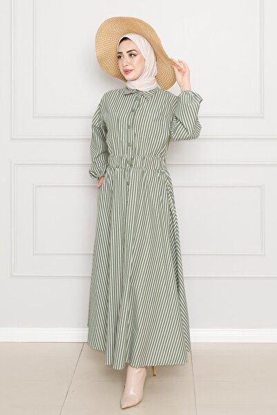 Sevitli Φόρεμα με ρίγες σε χακί χρώμα με κουμπιά στο πάτο