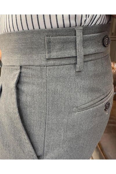 TerziAdemAltun Italian Style Slim Fit Men's Pleated Fabric Trousers Anthracite T8849