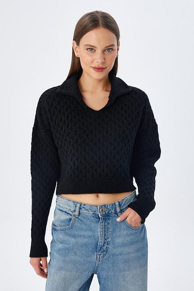 Mixray 6896 Model Black Women's Crop Knitwear Sweater - Knitted Detail
