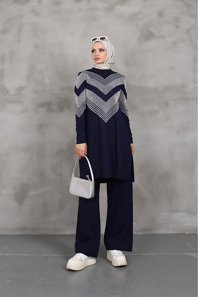 MODA Σετ παντελονιών ασημί πλεκτό τουνίκ