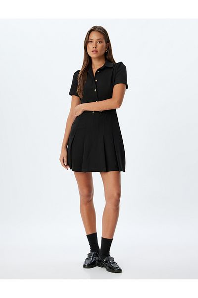 Koton Pleated Mini Dress Short Sleeve Shirt Collar Buttoned Belt Slim Fit
