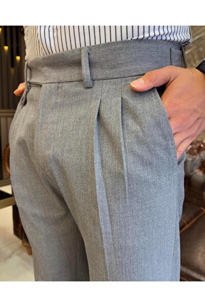 TerziAdemAltun Italian Style Slim Fit Men's Pleated Fabric Trousers Anthracite T8849