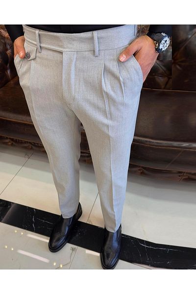 TerziAdemAltun Italian Style Slim Fit Men's Pleated Fabric Trousers Gray T5286