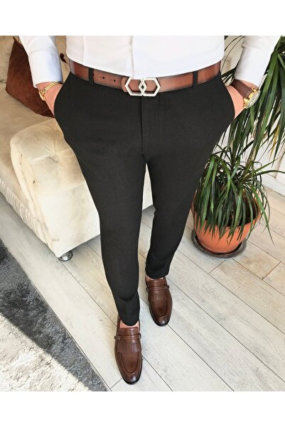 TerziAdemAltun بنطلون قماش رجالي بقصة ضيقة على الطراز الإيطالي بني T6693