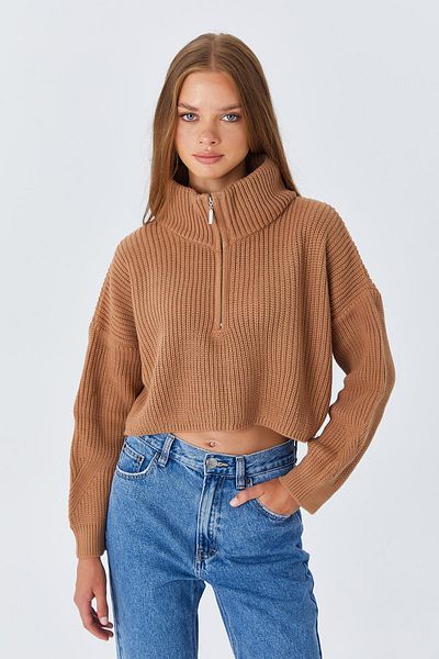 Mixray Γυναικείο πουλόβερ με φερμουάρ 6752 Model Camel Crop
