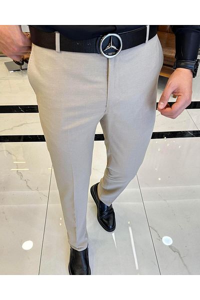 TerziAdemAltun Italian Cut Slim Fit Seasonal Beige Fabric Trousers T3480
