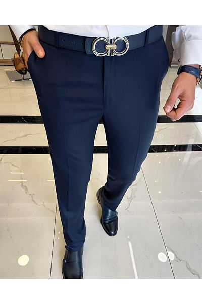 TerziAdemAltun Italian Cut Slim Fit Navy Blue Fabric Trousers T3486