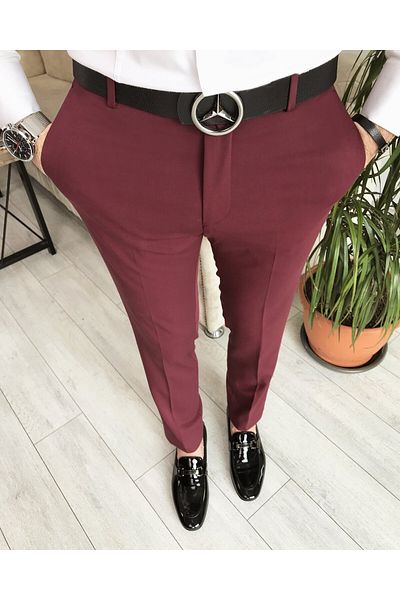 TerziAdemAltun Italian Style Slim Fit Men's Fabric Trousers Claret Red T6735