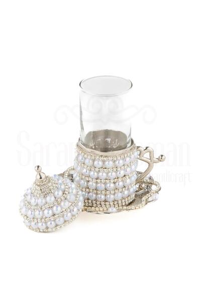 Saray Ottoman handicraft Elegant Pearl and Jewelled Tea Cup Set Single Tulip Pattern - white
