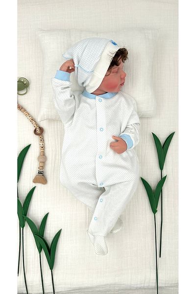 Renkli Puset Blue 2-Piece Baby Rompers Set - 100% Cotton, Bow Point with Hat