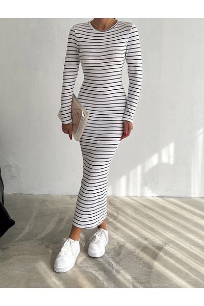 MaxiMor Women's White Striped Long Sleeve Flexible Knitted Dress Suitable for Hijab Height 135 cm