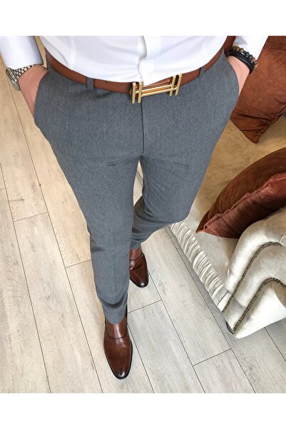 TerziAdemAltun Ανδρικό υφασμάτινο παντελόνι ιταλικού στυλ s εφαρμοστό Anthracite T4493