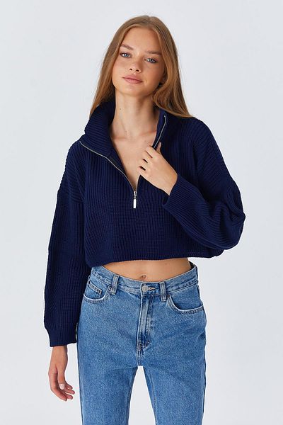 Mixray Navy Blue 6752 Model Women's Crop Zippered Sweater