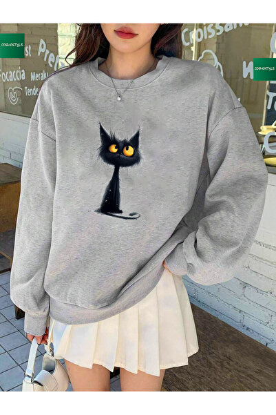 KEDİ baskılı premium  regular ovirsize bisiklet yaka rahat Sweatshirt