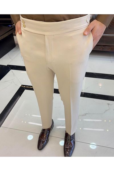 TerziAdemAltun Italian style slim fit waist detailed men's trousers ecru T10562