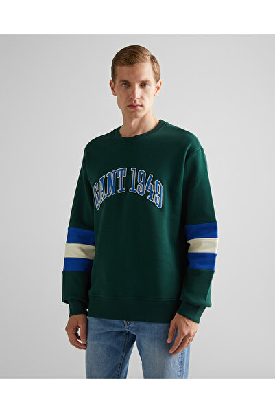 Gant Erkek Yeşil Relaxed Fit Bisiklet Yaka Renk Bloklu Sweatshirt