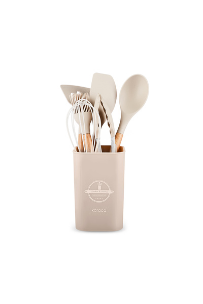 Karaca Zoey 7 Piece Beige Serving Set - Beech Wood Handle Silicone Head Stand