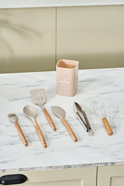 Karaca Zoey 7 Piece Beige Serving Set - Beech Wood Handle Silicone Head Stand