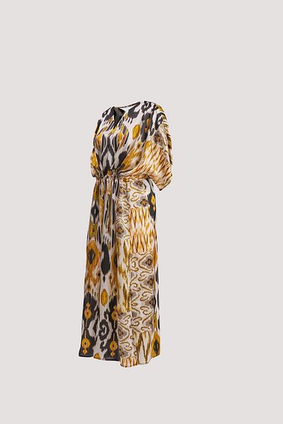 Nomads Felt Yellow Ikat Print Low-Cut Dress