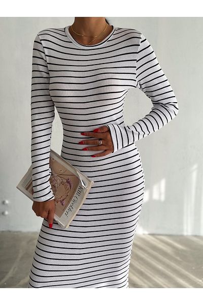 MaxiMor Women's White Striped Long Sleeve Flexible Knitted Dress Suitable for Hijab Height 135 cm