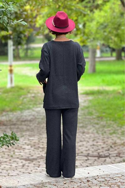 Nevin Kaya Moda Anthracite Color Soft Cotton Trousers Blouse Set