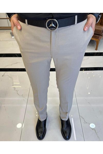TerziAdemAltun Italian Cut Slim Fit Seasonal Beige Fabric Trousers T3480