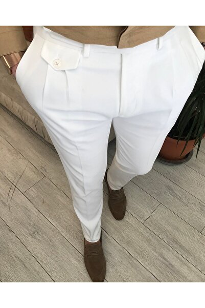 TerziAdemAltun Ανδρικό υφασμάτινο παντελόνι ιταλικού στυλ S εφαρμοστό Λευκό T5290