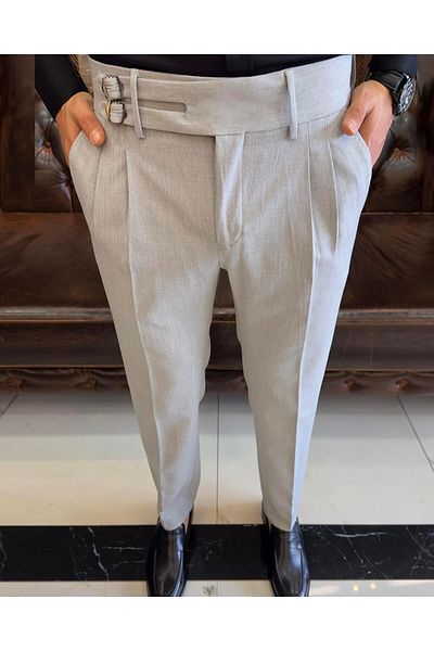 TerziAdemAltun Italian Cut Belted Pleated Gray Fabric Trousers T10803