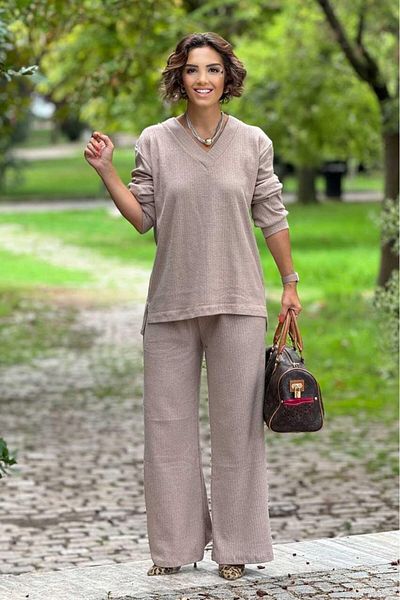 Nevin Kaya Moda Biscuit Color Soft Cotton Trousers Blouse Set