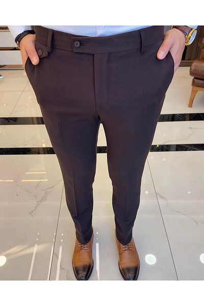 TerziAdemAltun Italian Style Slim Fit Thick Fabric Men's Trousers Brown T9899