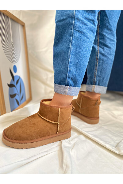 leonetta Kadın Taba Süet İçi Kürklü Kalın Taban Yarım Günlük Bot