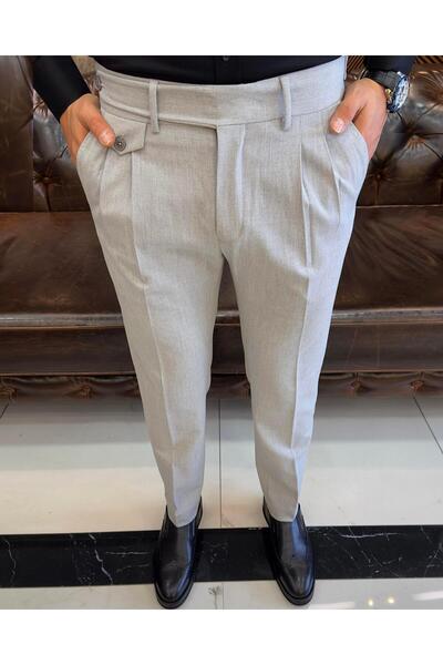 TerziAdemAltun Italian Style Slim Fit Men's Pleated Fabric Trousers Gray T5286