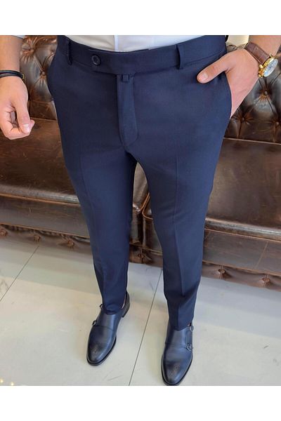 TerziAdemAltun Italian Cut Slim Fit Navy Blue Fabric Trousers T3486