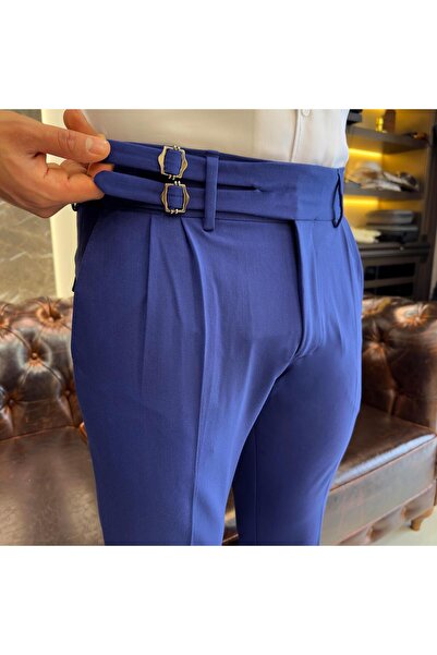 TerziAdemAltun Pantaloni din țesătură albastră cu centură tăiată italiană T8846