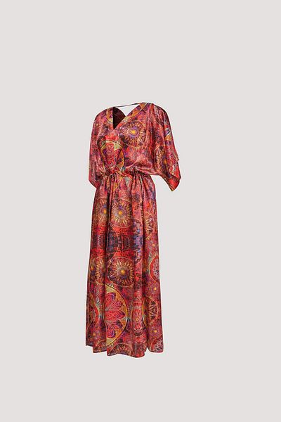 Nomads Felt Red Low-Cut Dress with Mandala Print