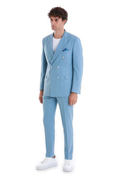 Hatemoğlu Blue Slim Fit Striped Double Breasted Suit
