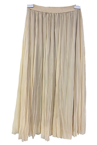 GÜL BUTİK Tüllü Astarlı Beli Lastikli Krem Renk Uzun Etek