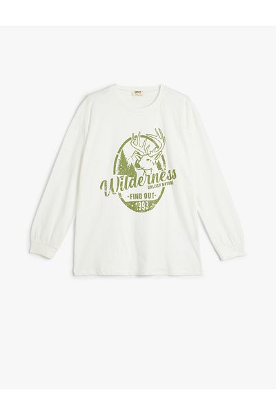 Koton Deer Printed Cotton Oversize T-Shirt - Long Sleeve, Crew Neck