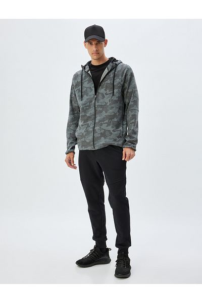 Koton Scuba Fabric Hooded Camouflage Print Viscose Blend - Sports Sweatshirt with Zipper and Pocket Detail