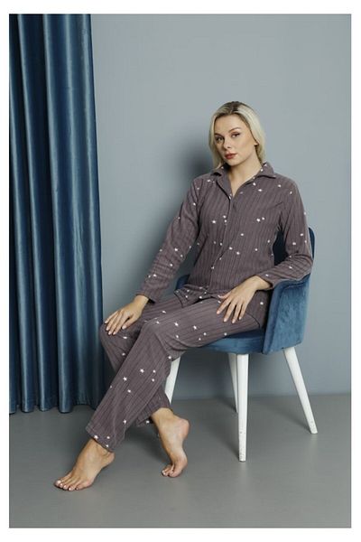 TAMPAP 33005 Shirt Collar Starry Fleece Women's Pajamas Set