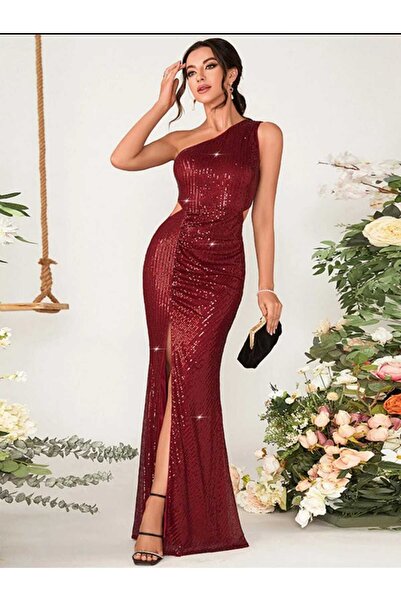 MODAS TEK OMUZ YAN DEKOLTE DETAYLI YIRTMAÇLI PUL PAYET ABİYE ELBİSE