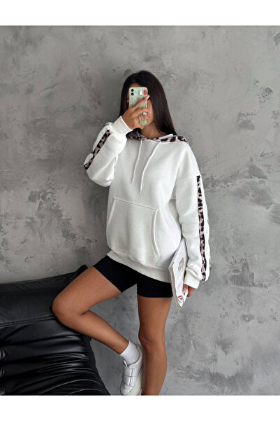 jöns since 1997 Дамски зимен суитшърт с качулка и леопардов полар, голям размер, в екрю цвят