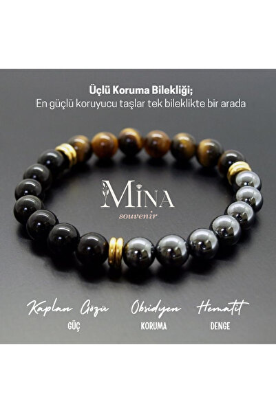 Mina Souvenir عين حماية ثلاثية من الحجر الطبيعي - الهيماتيت، السج، سوار (القو...
