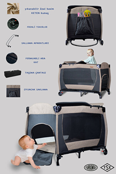 temosan mobilya Anne Yanı Park Yatak Sallanır Oyun Parkı Beşik 70X110 Cm(KAHV...